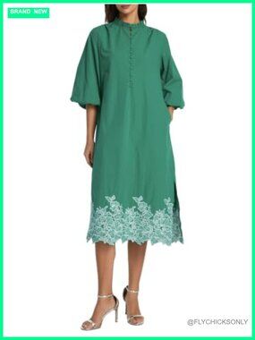 Womens Midi Summer Dress 3/4 Sleeve V Neck Button Cotton Embroidered Flowy